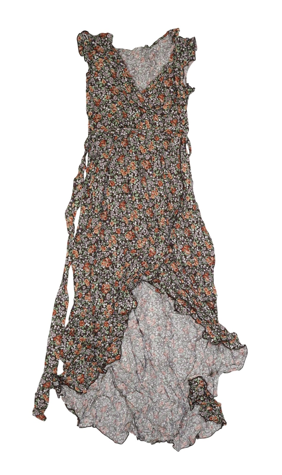 GRECERELLE Dress Womens S Multicolor Floral V Neck Wrap Hi Low Maxi Ruffle Hem