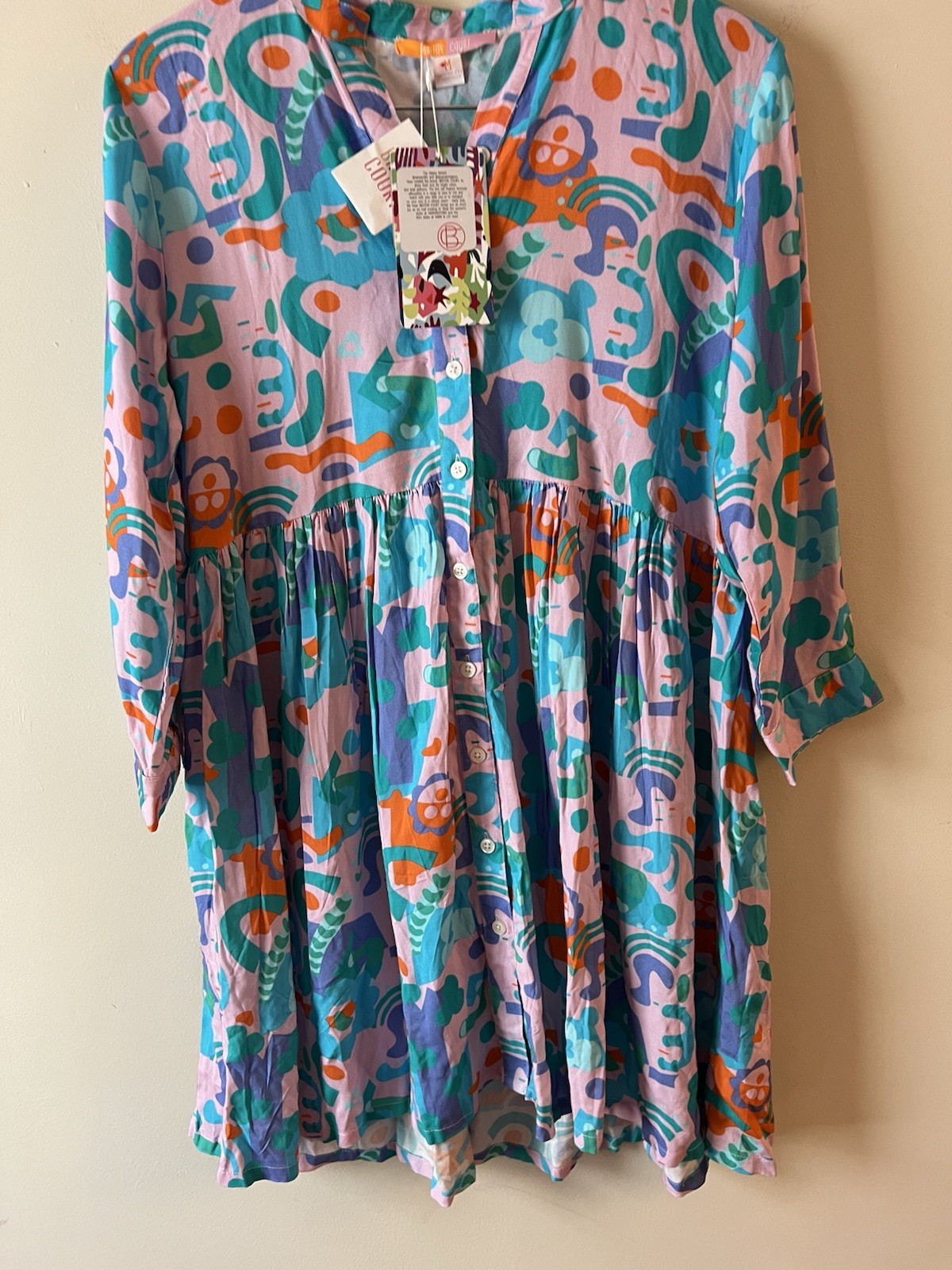 Briton Court NEW Pink Abstract Printed Button Front Mini Dress Size Medium