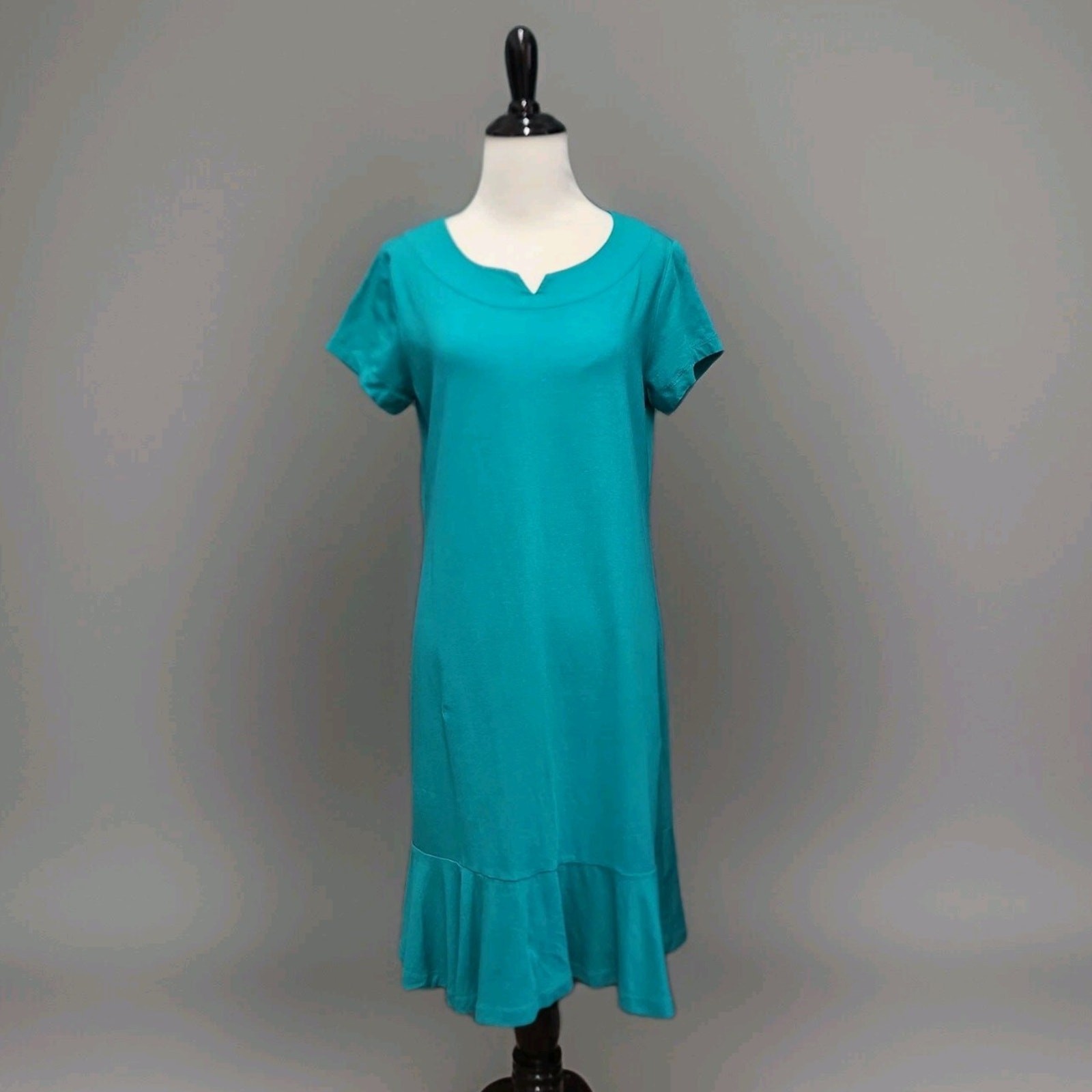 LANDS’ END Teal Cotton stretch knit round neck ruffled hem Small