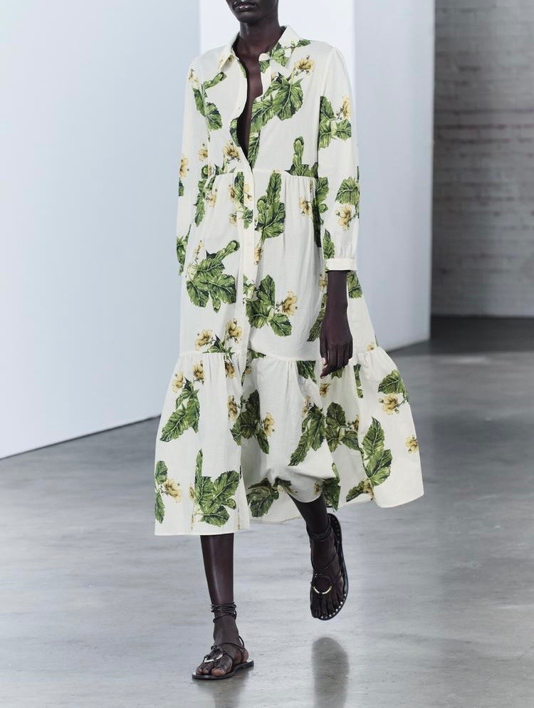 Zara Floral Cotton Button-Up Maxi Dress Size L