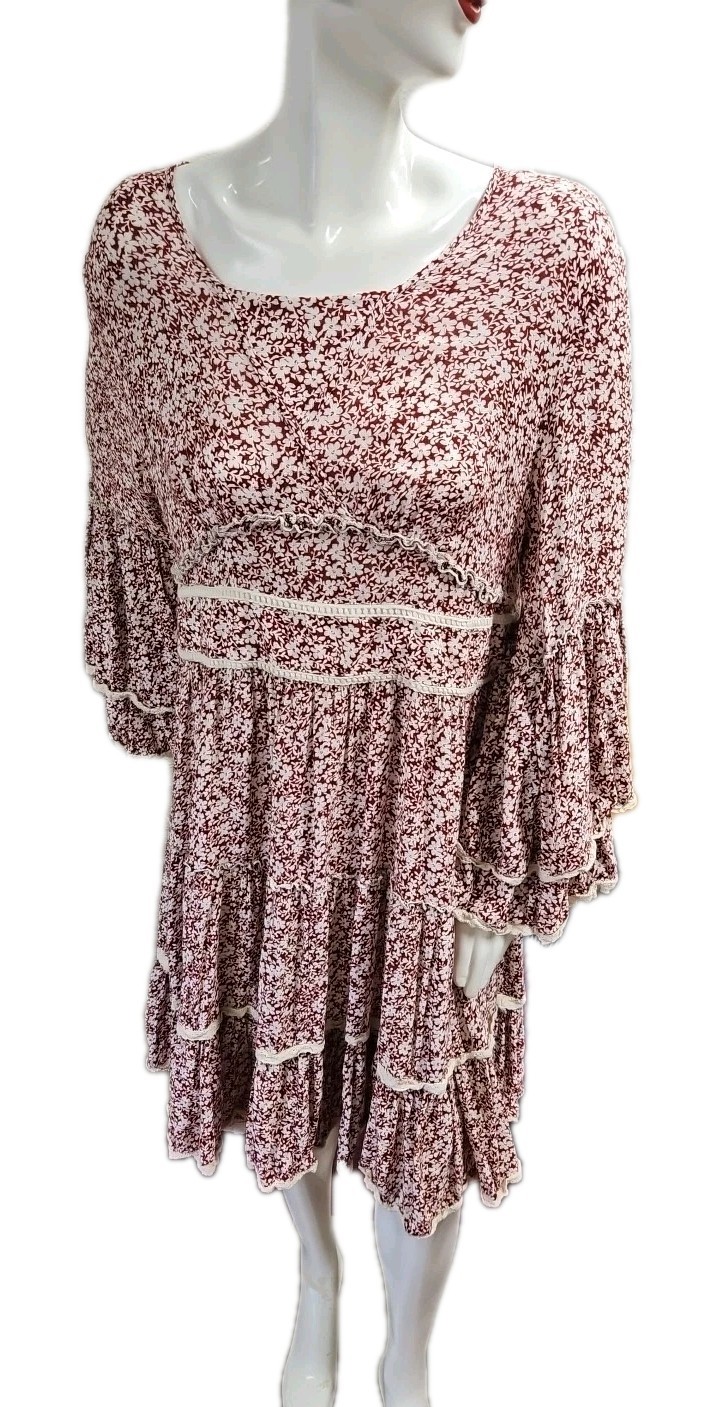 Indigo Soul Dress Tiered Bohemian V-Neck 3/4 Sleeve White Blue XL