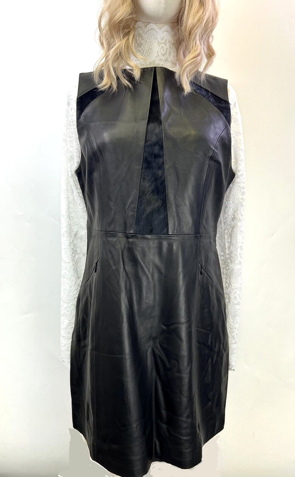 New Women’s Genuine Lambskin Leather Fur Trim Straight Dress US S/M Bust 38.5”