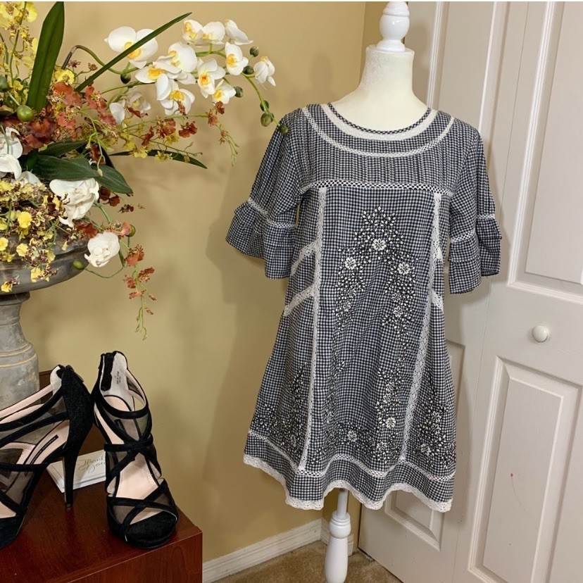 Free People Sunny Day Gingham Embroidered Floral Babydoll Dress Sz M Cottagecore