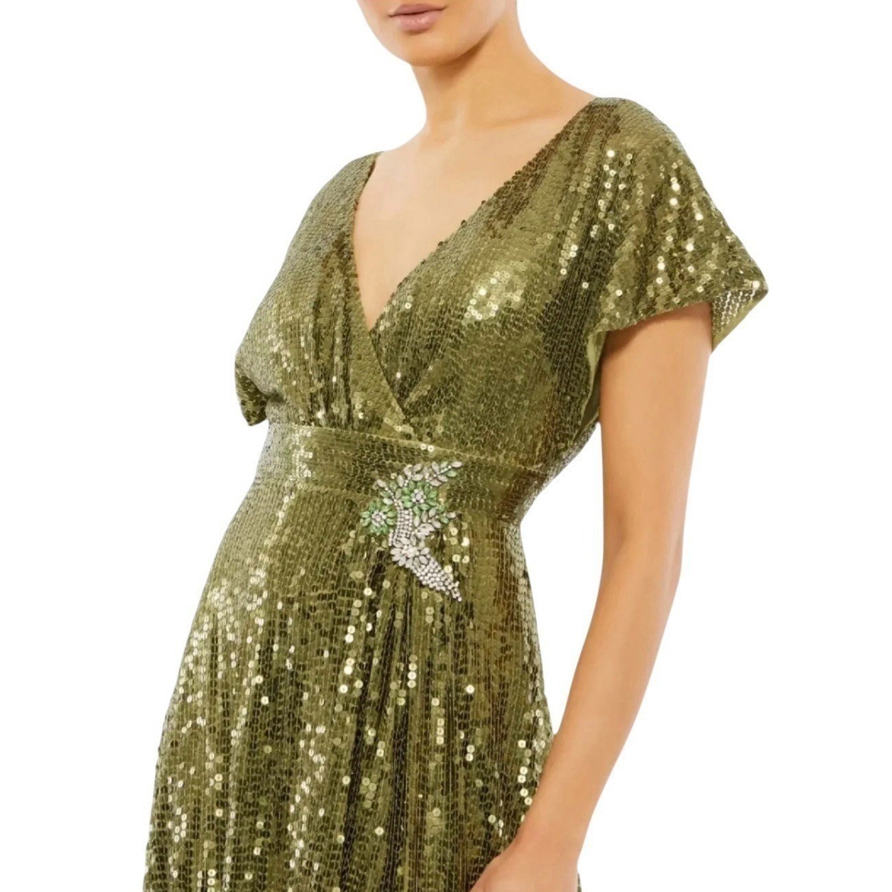 Mac Duggal 10773 Olive Green Sequin Butterfly Sleeve Faux Wrap Dress Size 4 $598