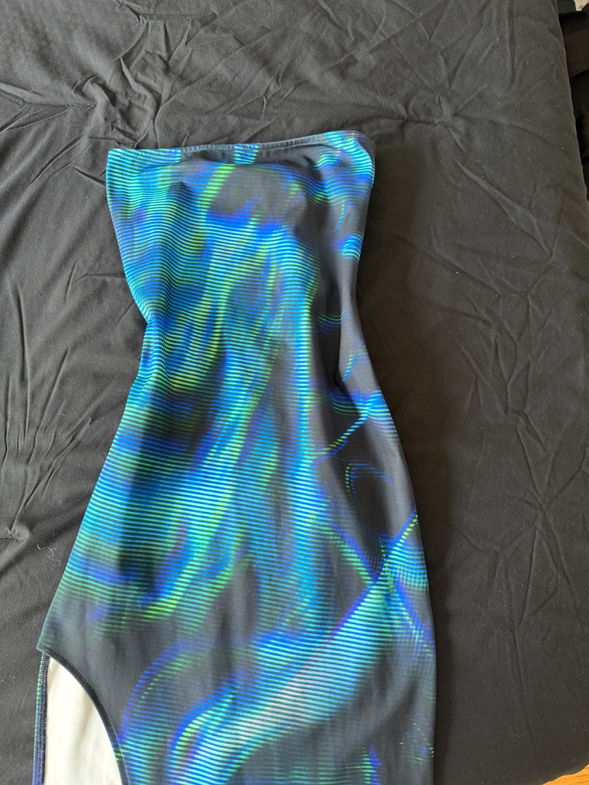 Bershka Bodycon Maxi Dress, Blue and Green Print with side slit leg, Size XS