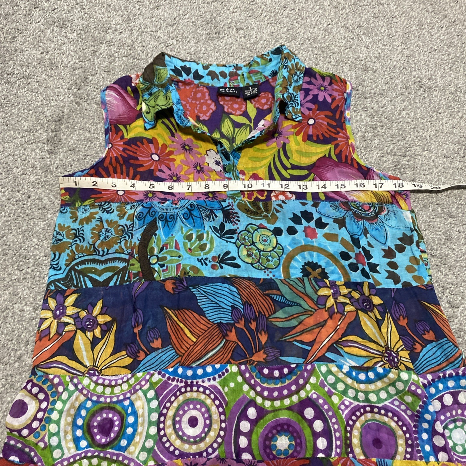 ETC VTG Multi-Color Patchwork Floral Dress S Lightweight Cotton Artsy Vacation