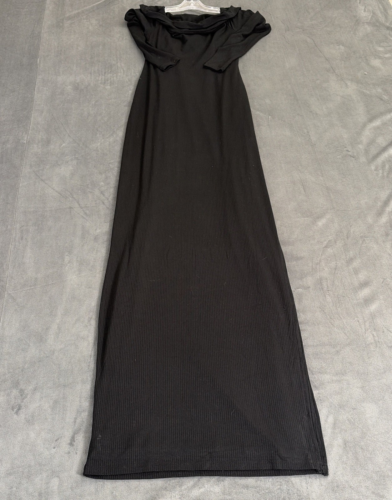 NWT PRIVACY PLEASE Black Ribbed Knit Off Shoulder Side Slit Maxi Dress XS Chrty