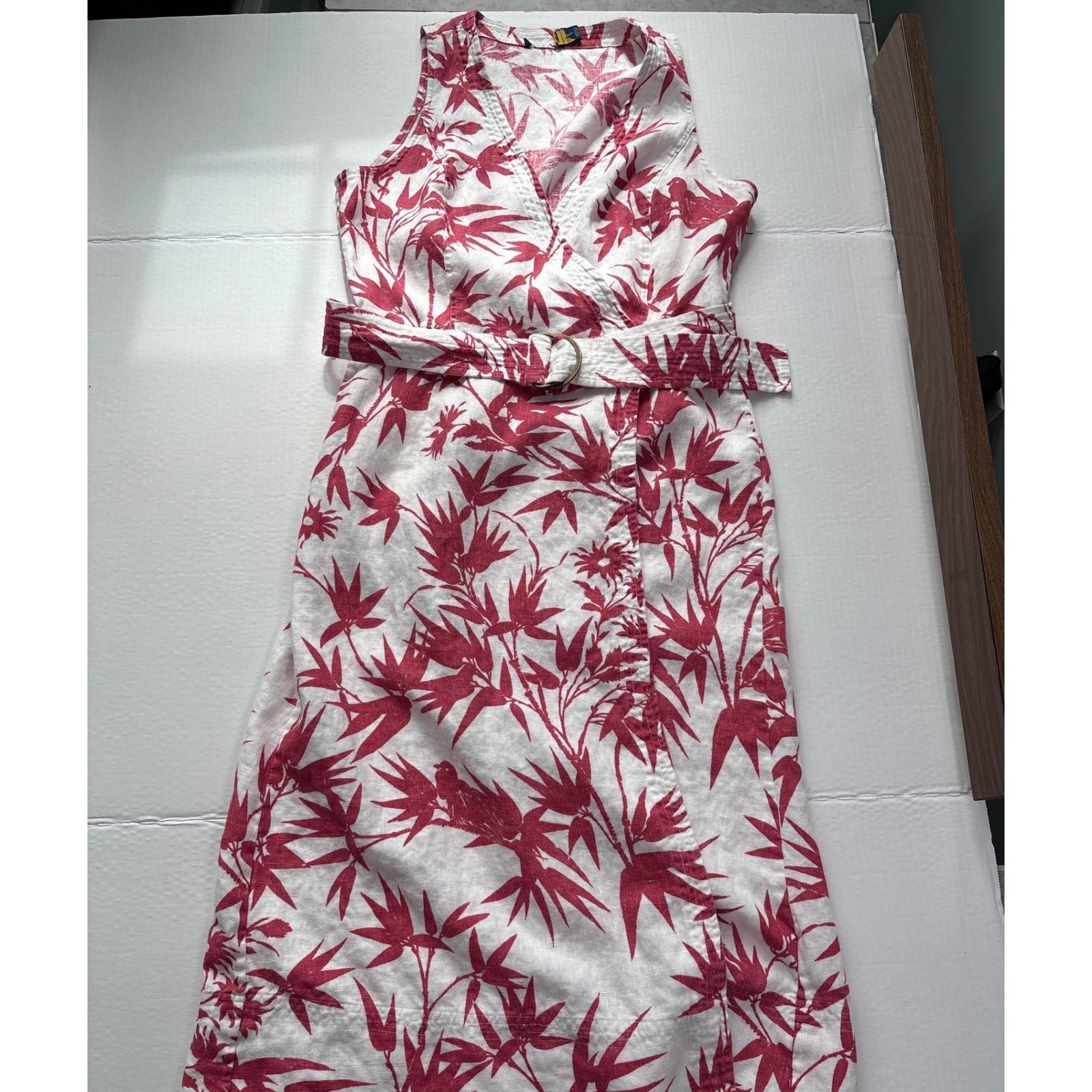 Polo Ralph Lauren Pink White 100% Linen Bamboo Bird Print Wrap Dress Size 4