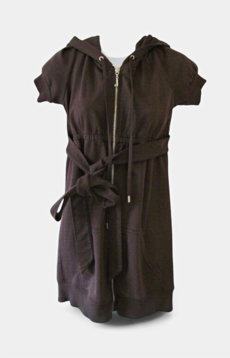 Juicy Couture Black Velour Hooded Zip V-Neck Mini Dress Pockets Short Sleeve M