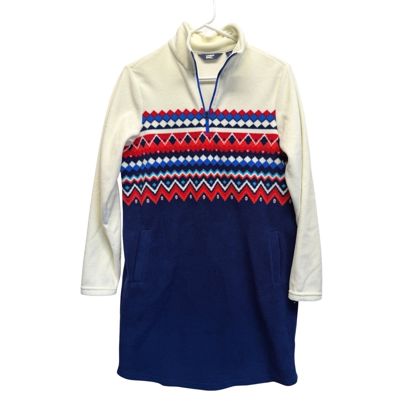 Lands’ End Fair Isle Fleece Dress Quarter Zip Blue Cream Women Small
