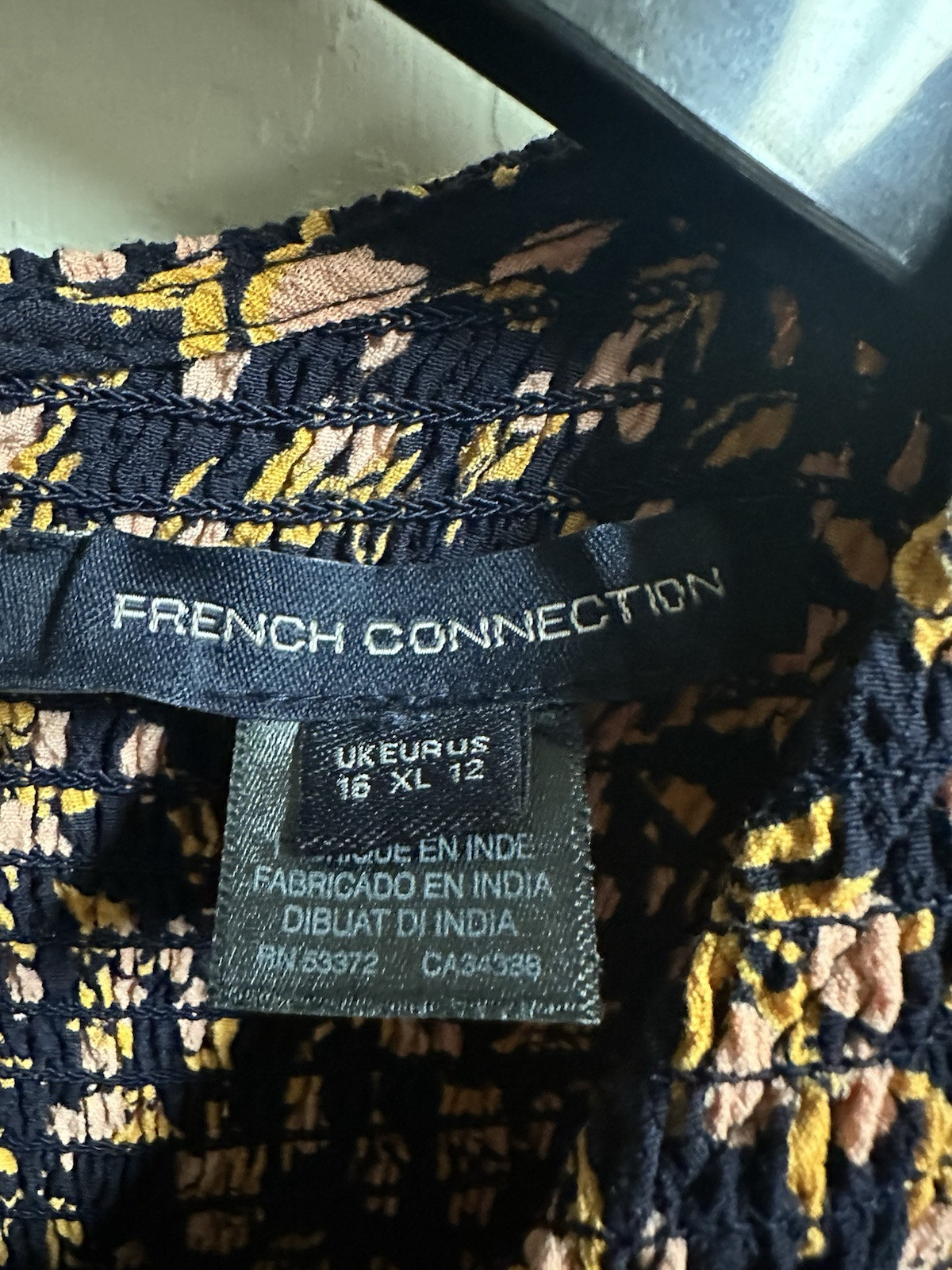 French Connection Floral Smocked Dress Tunic Black Gold Pink Baby Doll XL 16