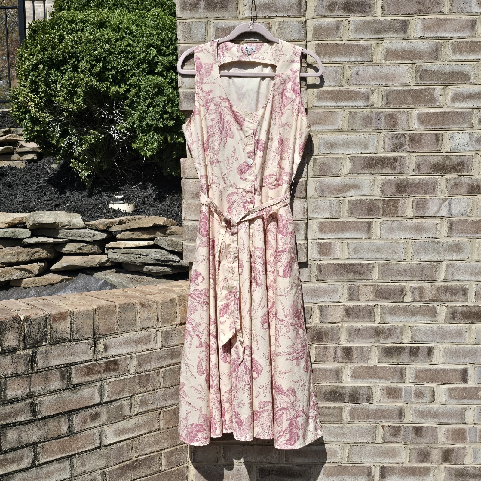 J Peterman Dress Womens 16 Toile Pinks Mauve Pockets Machine Washable