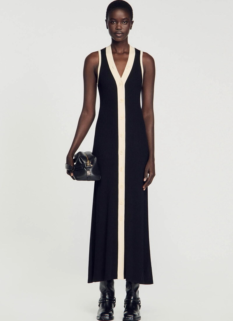Sandro V-neck Tank Dress Contrasting Knit Midi Sweater Dress for Women