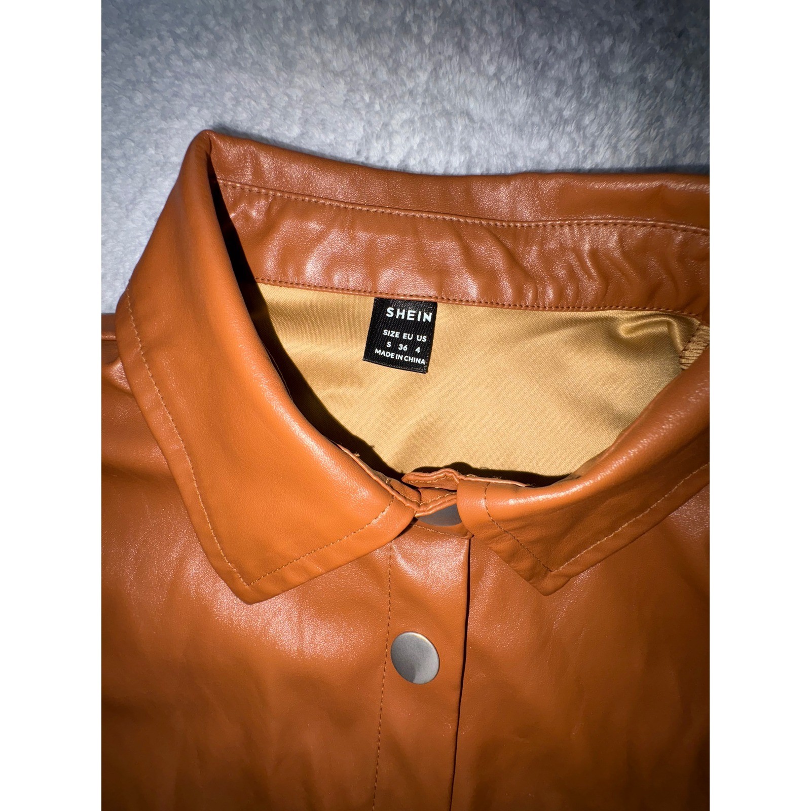 (B1) SHEIN Cognac Brown Faux Leather Puff Sleeve Snap Front Mini Dress Size S