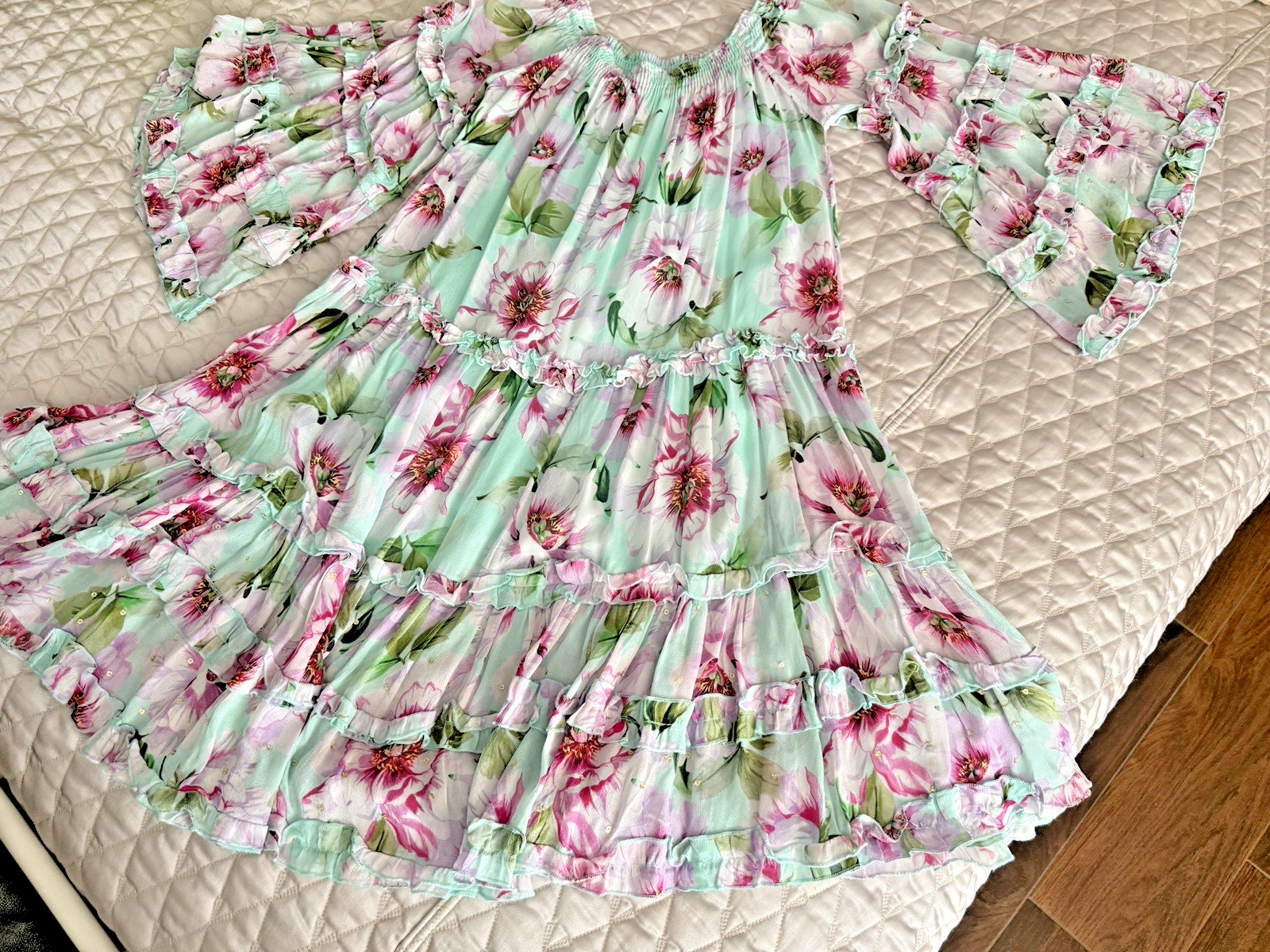 Miss June Paris Mini Dress OS Greens/Pinks, Occasional Sequins Boho Bell Sleeve