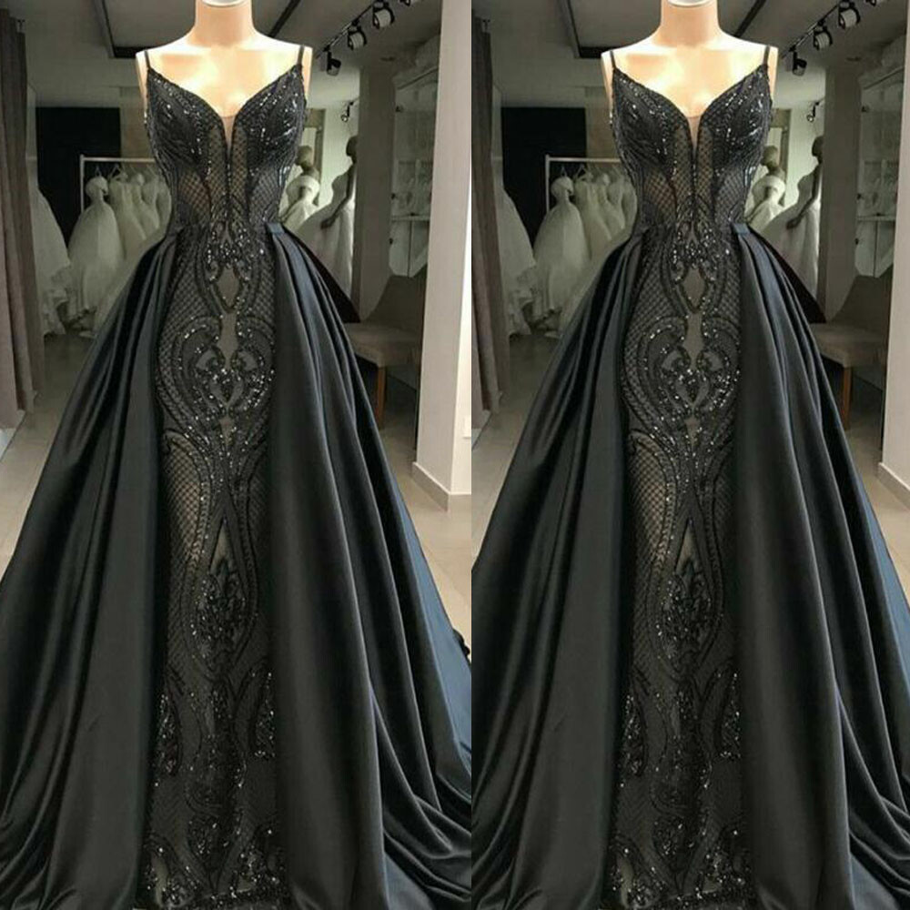 Mermaid Black Prom Dresses Detachable Train Gothic Luxury Formal Evening Gowns