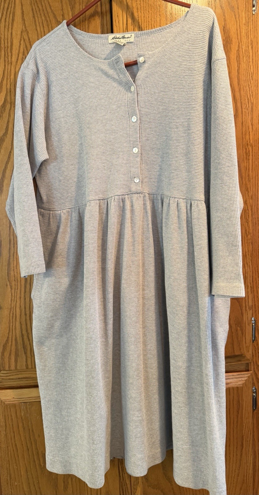 Eddie Bauer Grey Waffle Long Sleeved Button Gathered Waist Pockets Dress XL