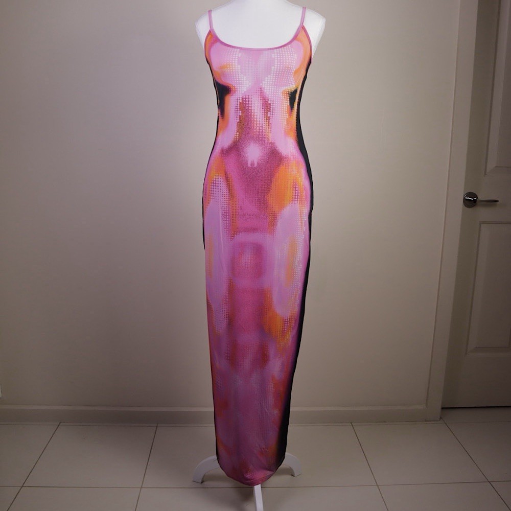 White Fox Maxi Dress Pink Orange Digital Print Stretch Bodycon Slip Style Size M