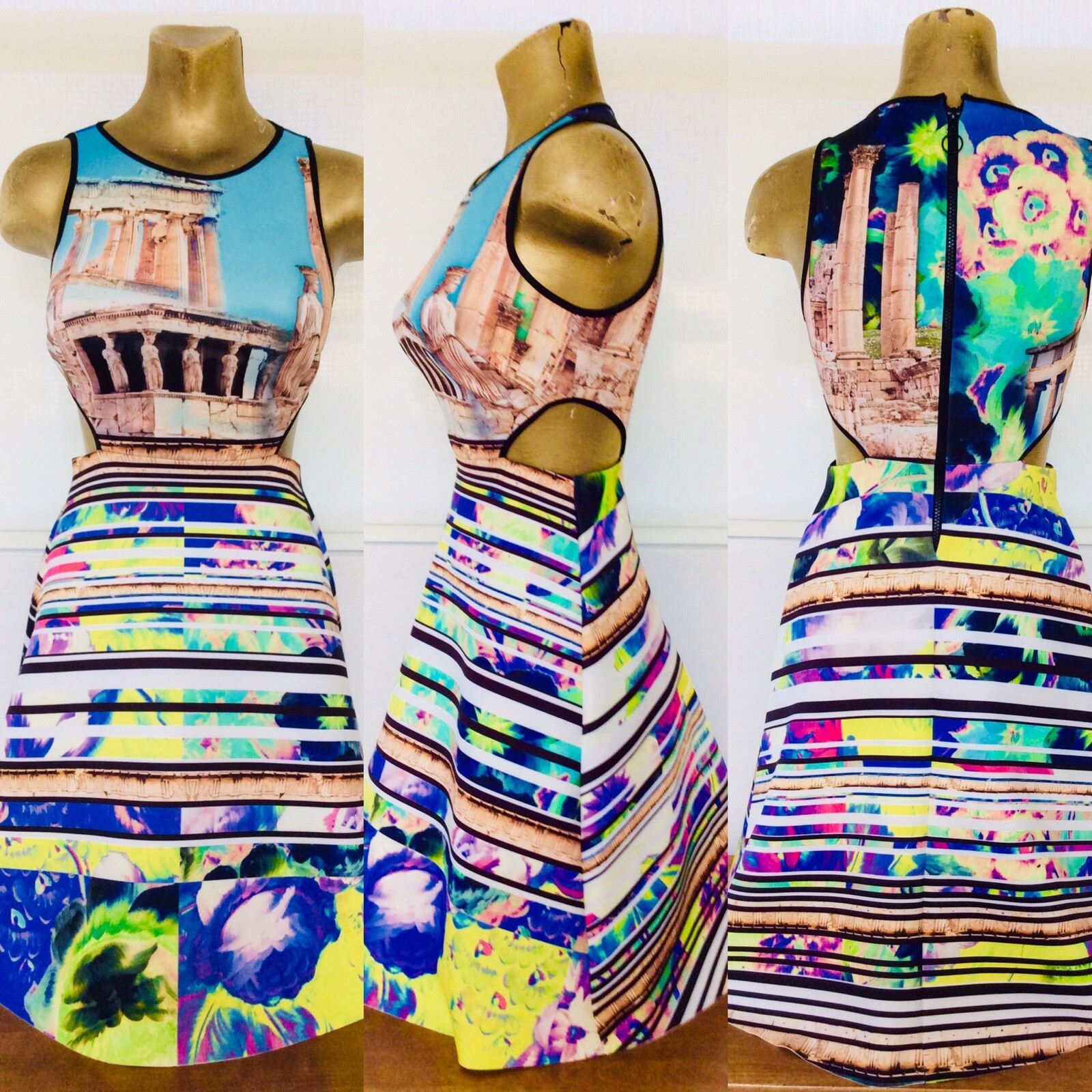 CLOVER CANYON Neoprene ACROPOLIS GARDEN Greek Greece Print DRESS S