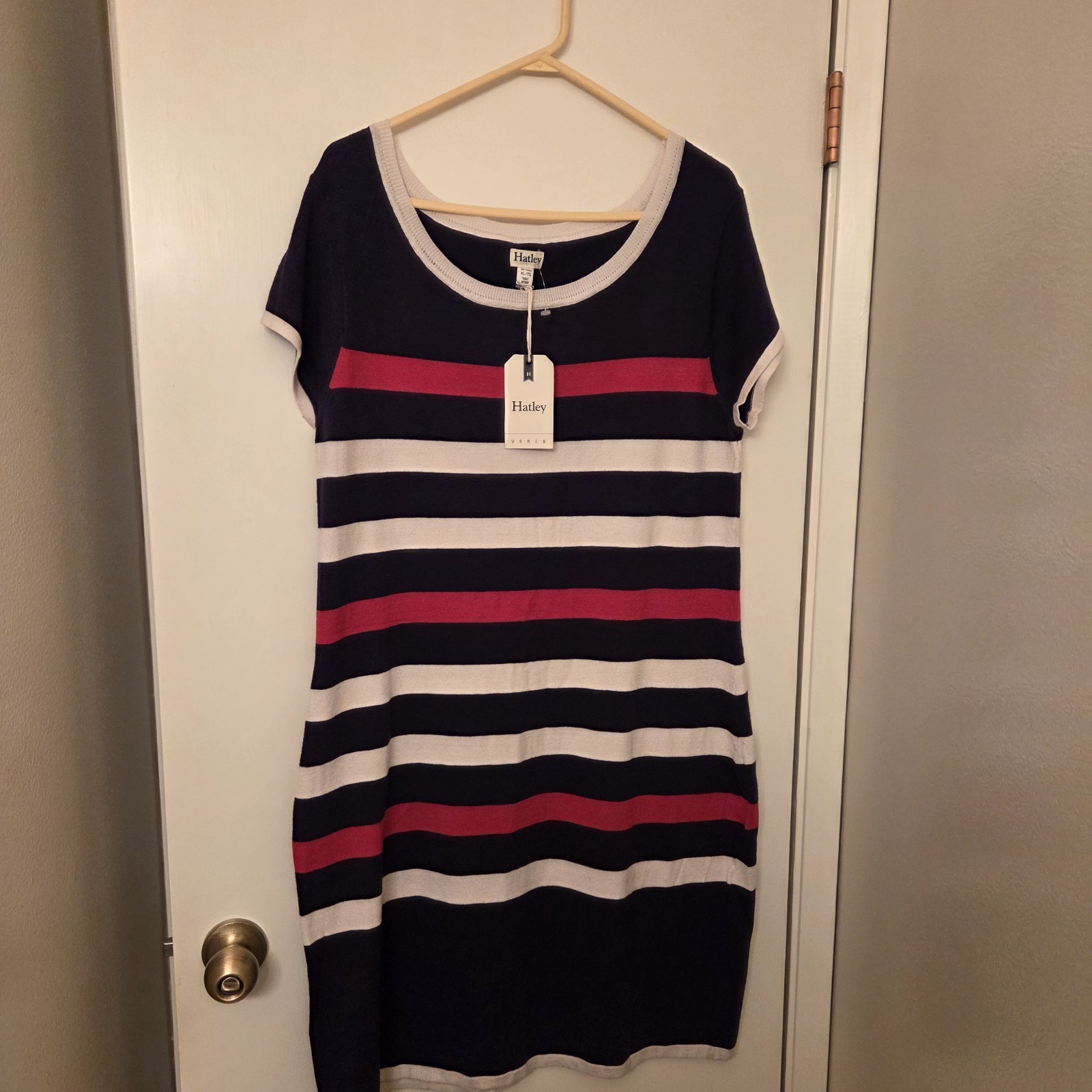 Hatley Dress Striped Navy/White/Red Shift Round Neck Short Sleeve Knee XL