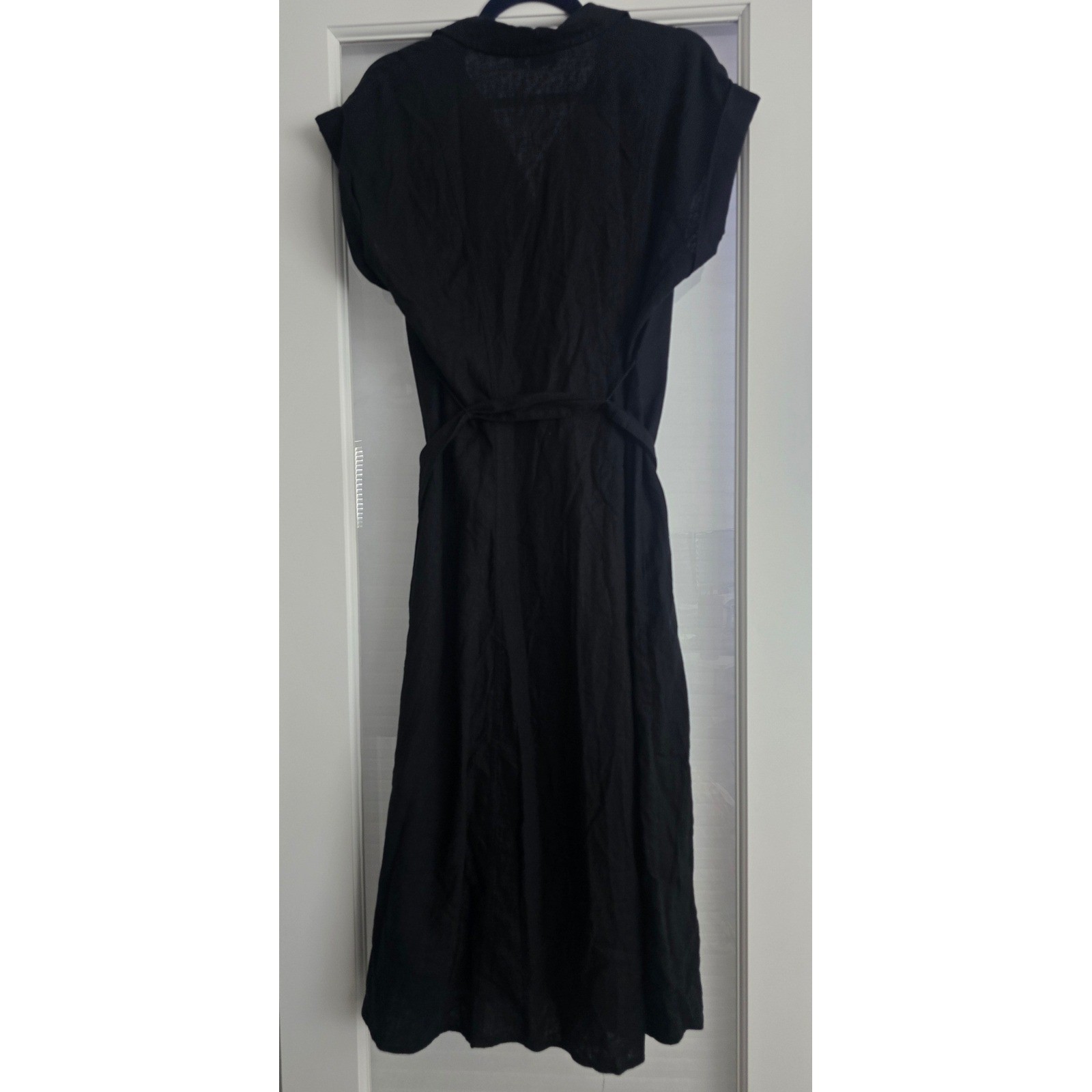 Gap Womens Black Linen Blend Button Down Midi Shirt Dress Tie Waist Medium