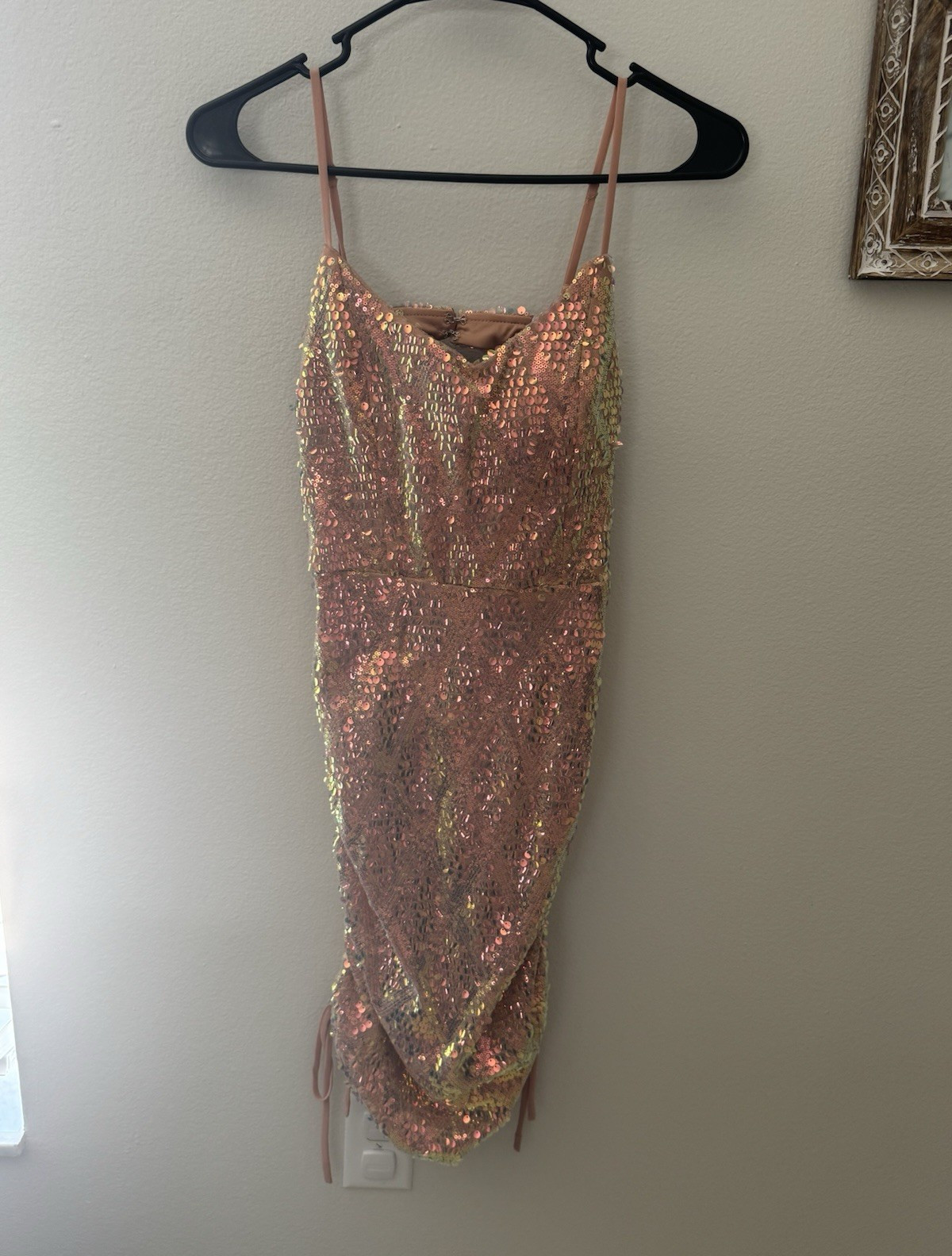 Pink Sequin Ruched Bodycon Mini Dress V-Neck Strappy Size M