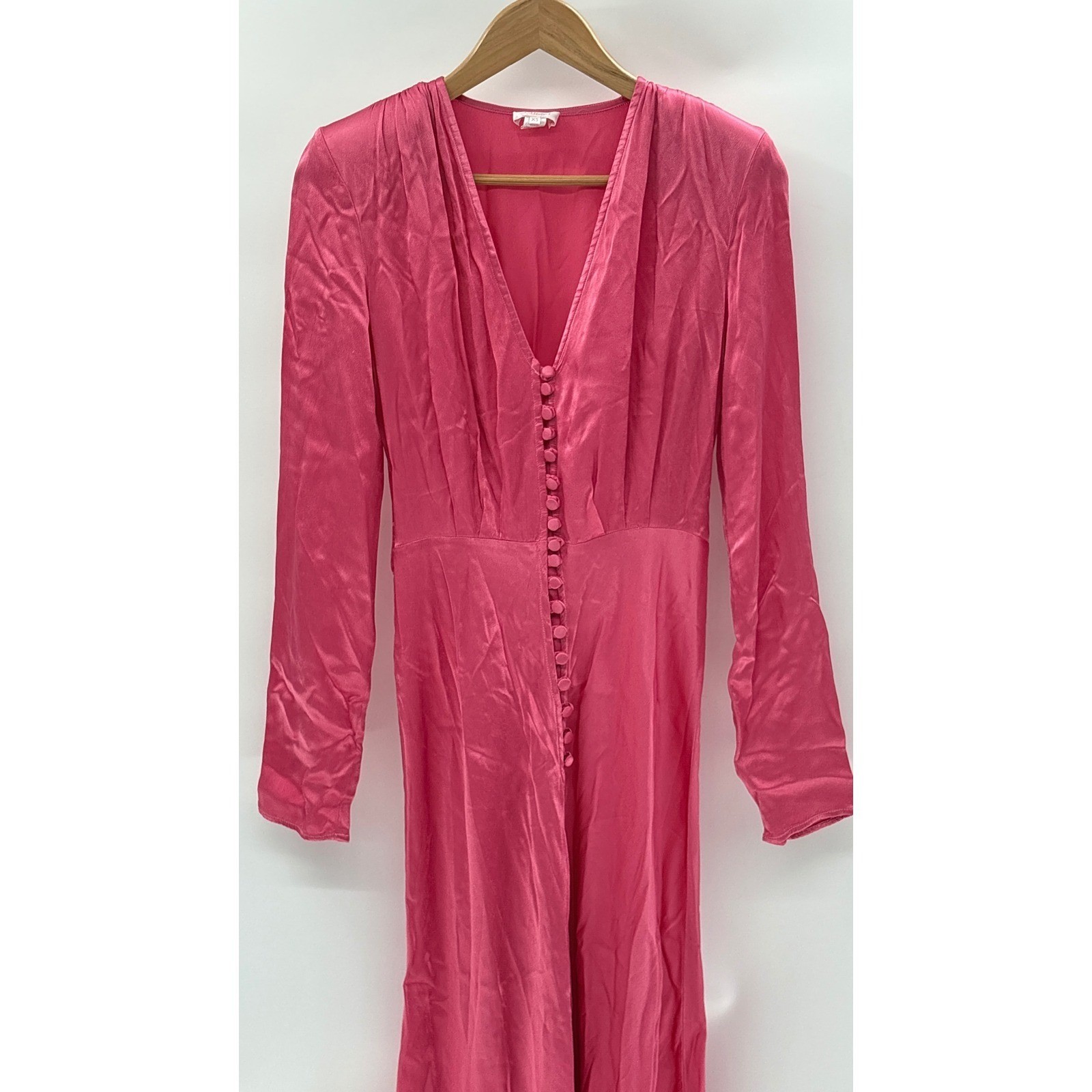 Ghost London Meryl Midi Dress Button Fairycore V Neck Satin XS Pink Long Sleeve