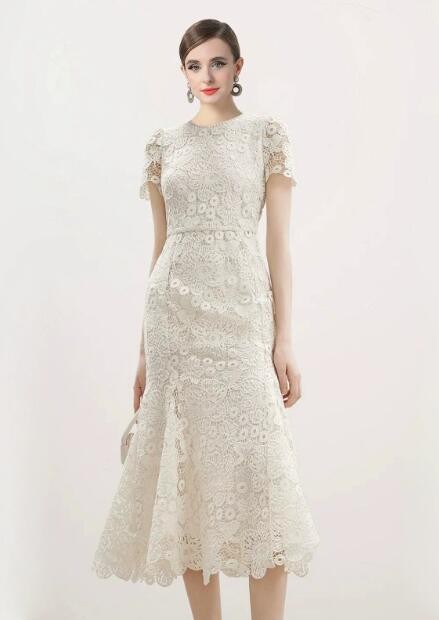 Summer Women French Lace Elegant Temperament Short Sleeve Fishtail Long Dress
