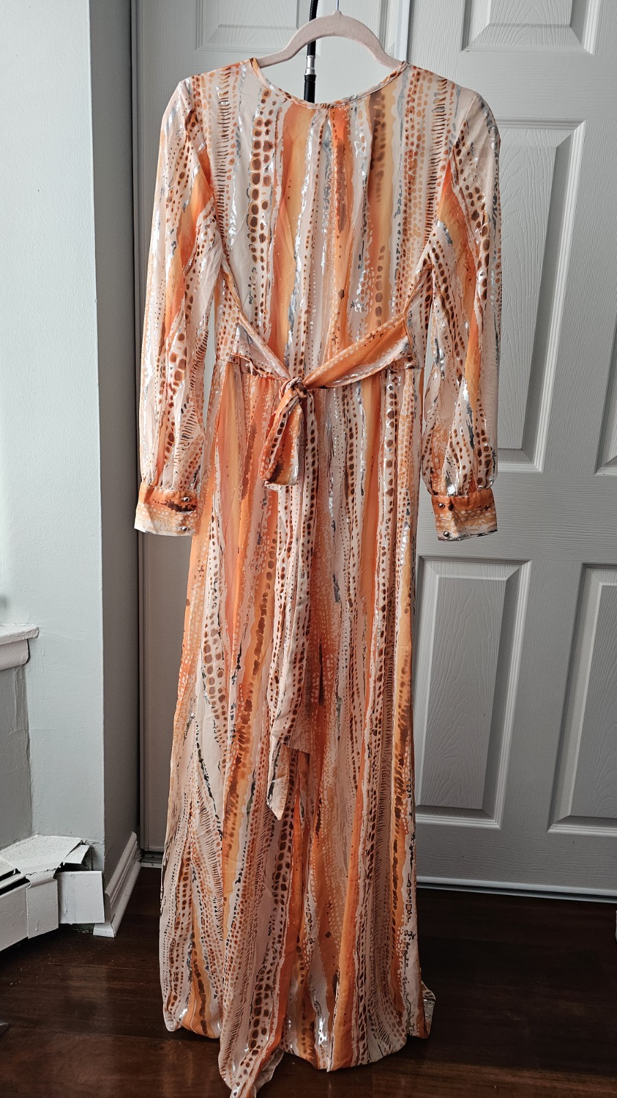 Faeriesty Orange Multicolor Graphic Print Plunging Neck Long Sleeve Belted Dress