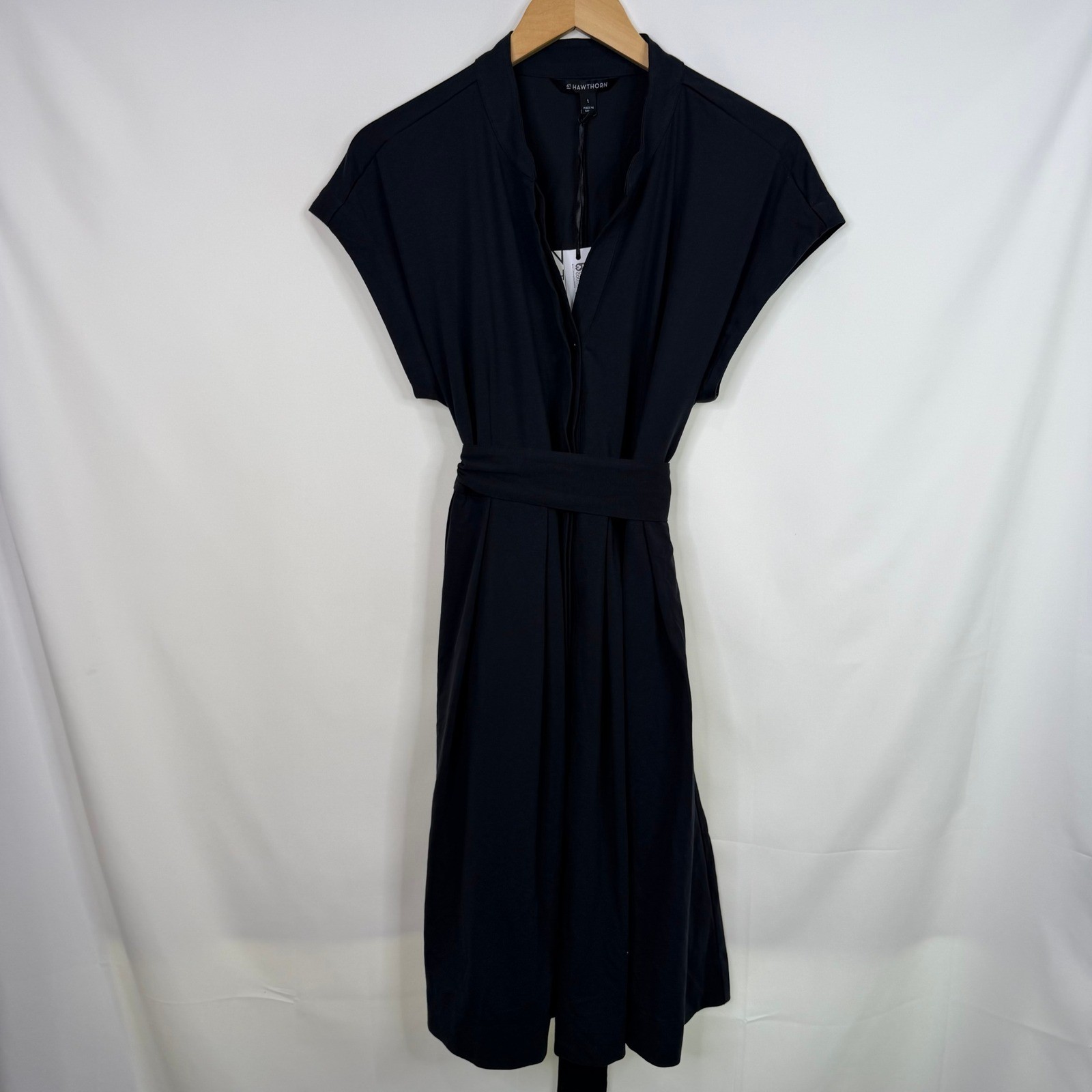 41 Hawthorn Womens Black Split Neck Cap Sleeve Belted Dress Size L NWT