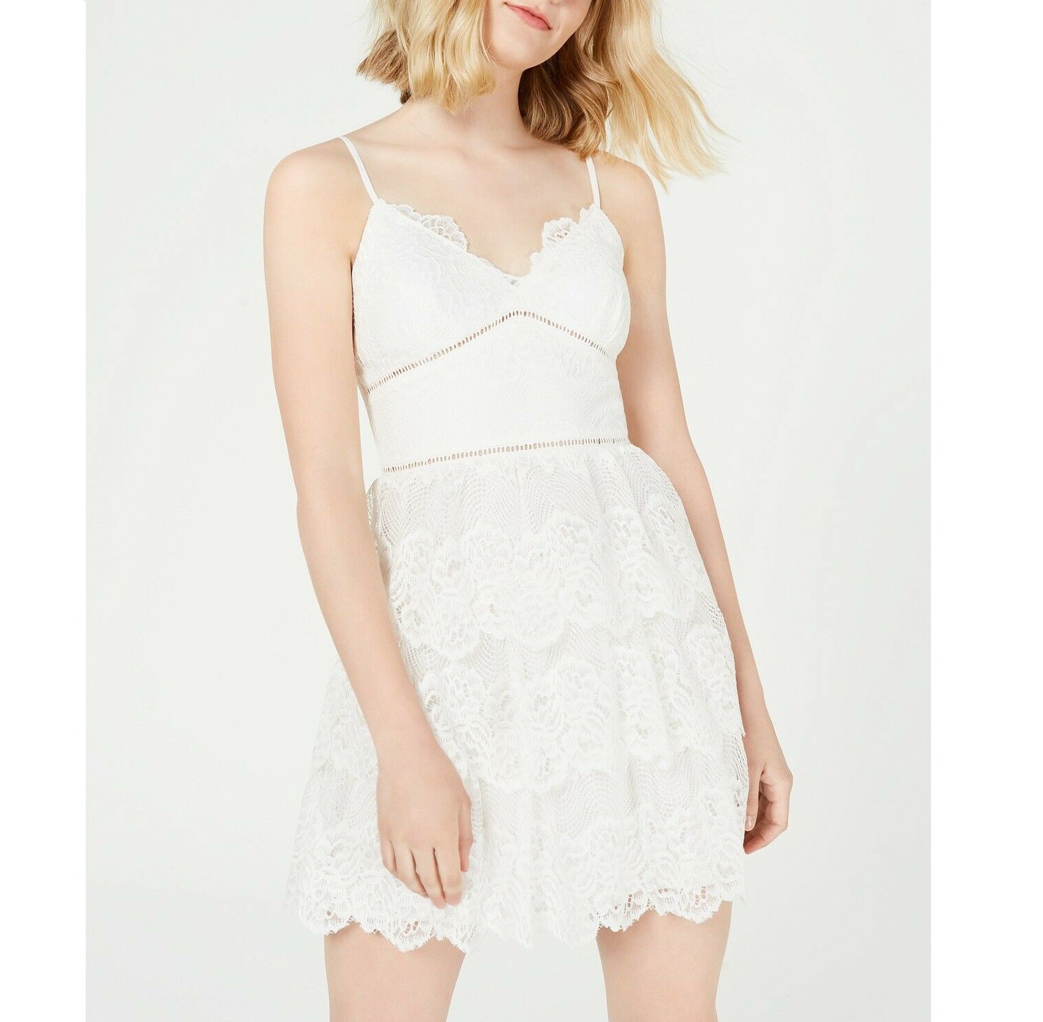 Teeze Me Junior Womens 3/4 White Sleeveless Tiered Lace Fit Flare Dress NWT