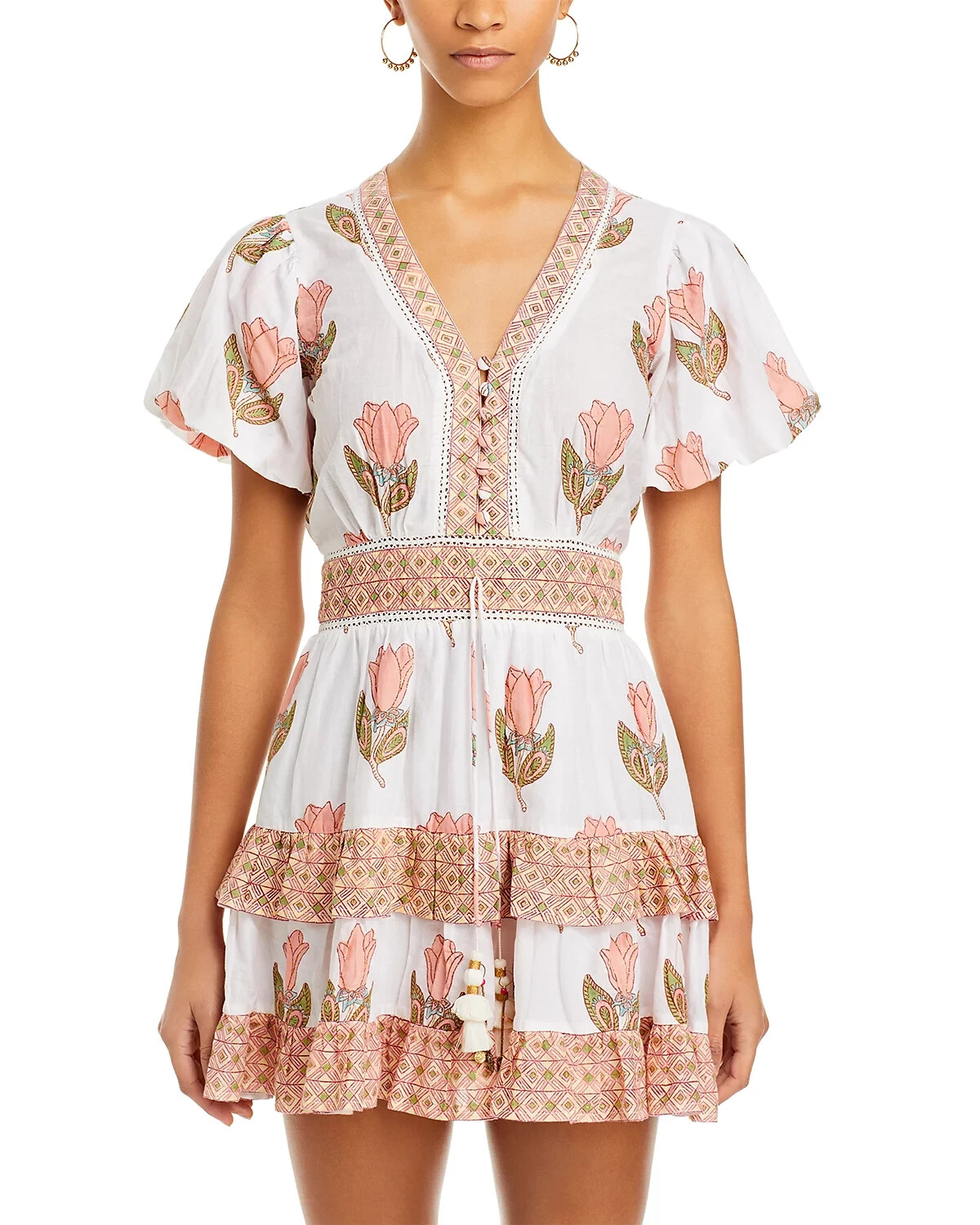 Alicia Bell Mindy Puff Sleeve Mini Dress Tassel Tie Multi Floral Women’s M