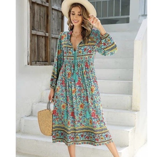 R.Vivimos floral Bohemian Midi Dress boho beach travel resort summer