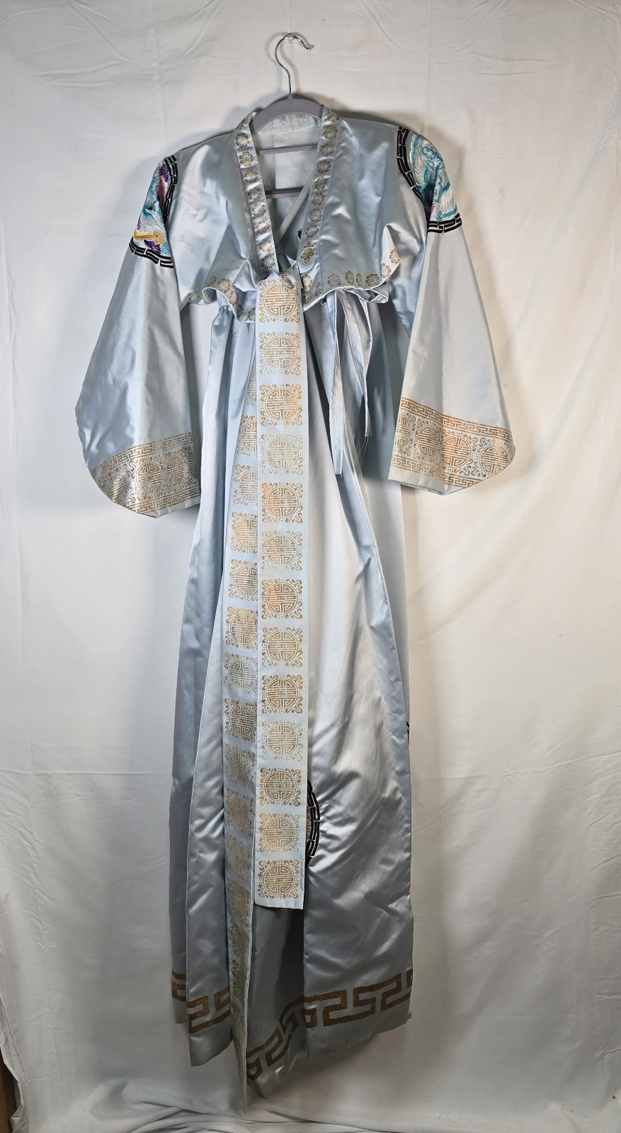 Traditional Chinese Hanfu Dress Set Blue Satin Phoenix Cosplay Gold Foil Sz XS
