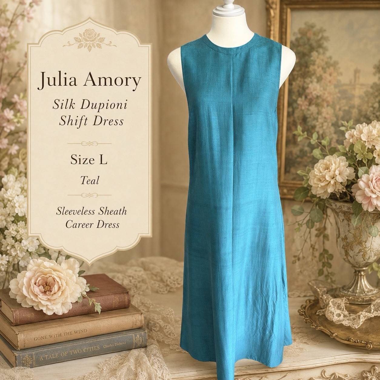 Julia Amory Silk Dupioni Shift Dress Size L Teal Sleeveless Sheath