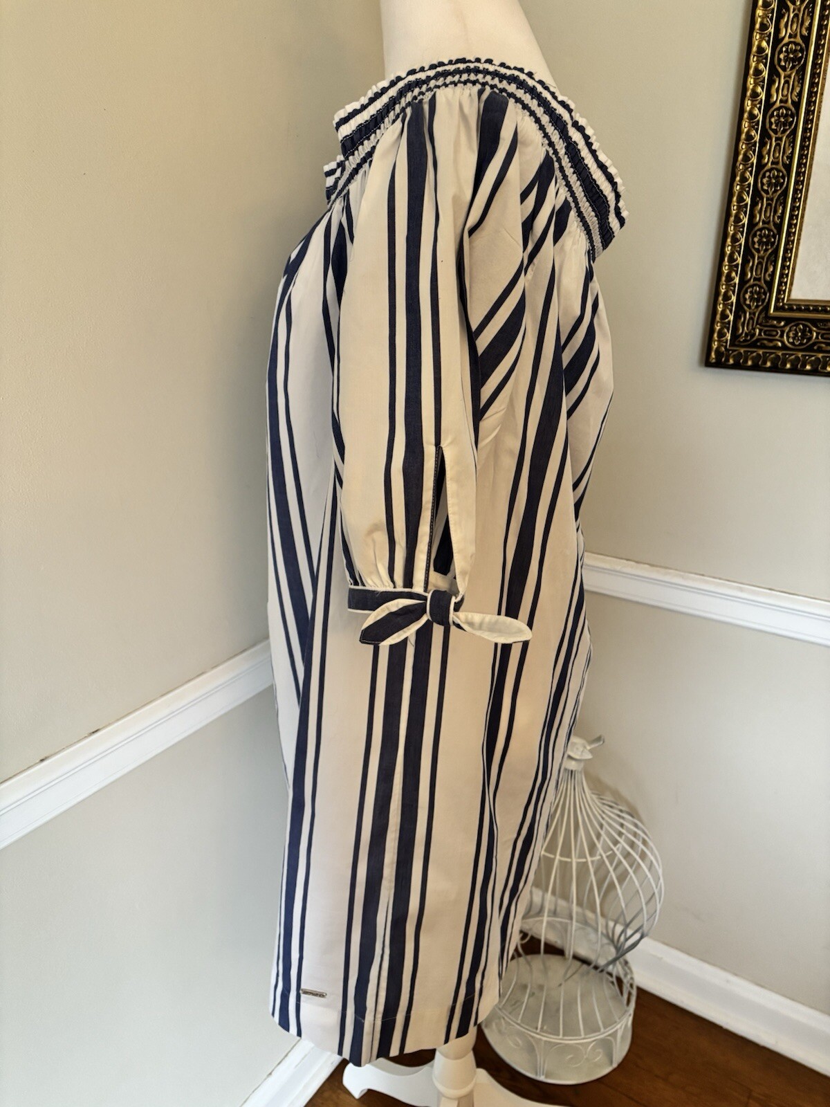 NWT Nautica Womens Size L White Blue Stripe Shift Dress Off Shoulder