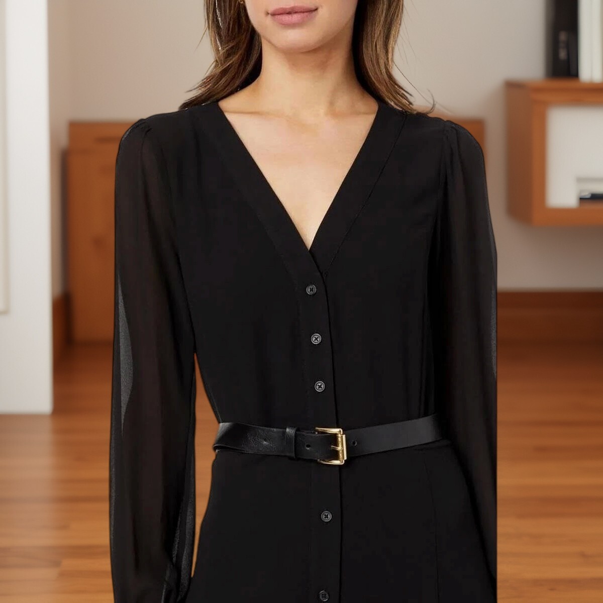 Michael Michael Kors Womens Kate Belted Button Down Midi Dress Black Size PS NWT