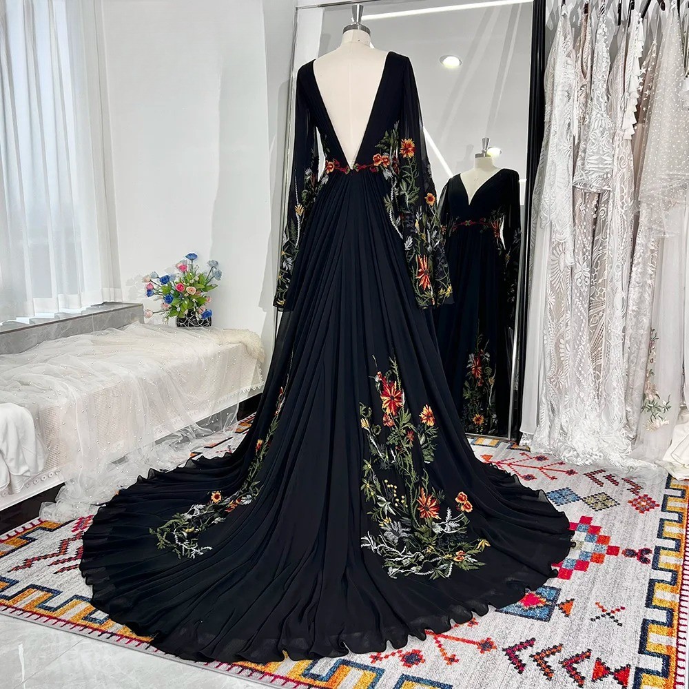 Black Wedding Dresses Long Sleeves A Line Colored Floral Embroidered Bridal Gown