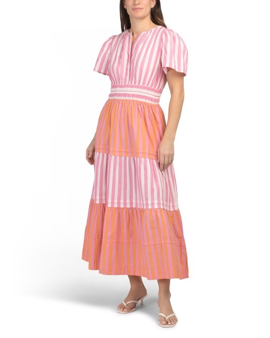 LEA Short Sleeve Mixed Stripe Maxi Dress Color: Pink/Orange Multi XL nwt