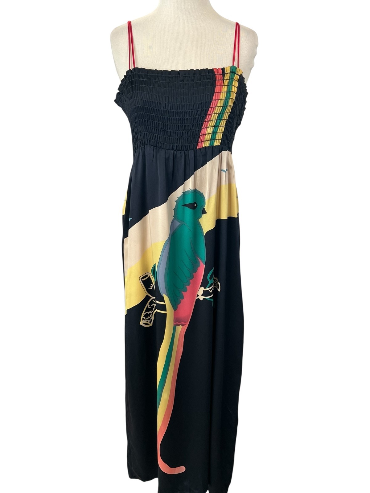 Vintage XS Voom by Joy Han Y2K Silk Dress Black Colorful Parrot Spaghetti Strap
