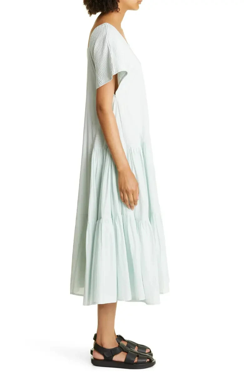 $500 MERLETTE Minne Pintuck Sleeve Tiered Pima Cotton Lawn Dress | Sea Mist | S