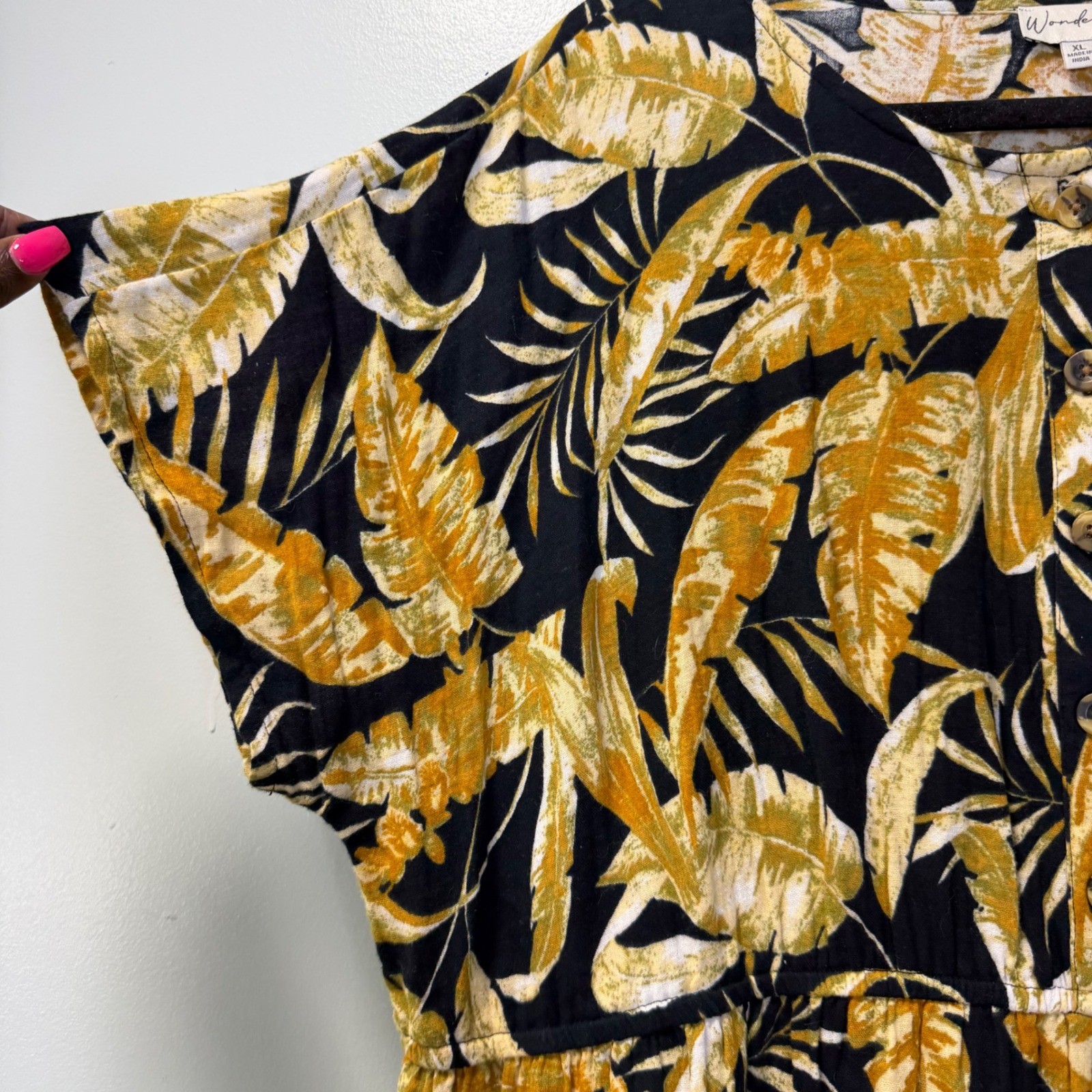 Wonderly Womens XL Tropical Palm Leaf Button Front Tiered Midi Dress 100% Cotton