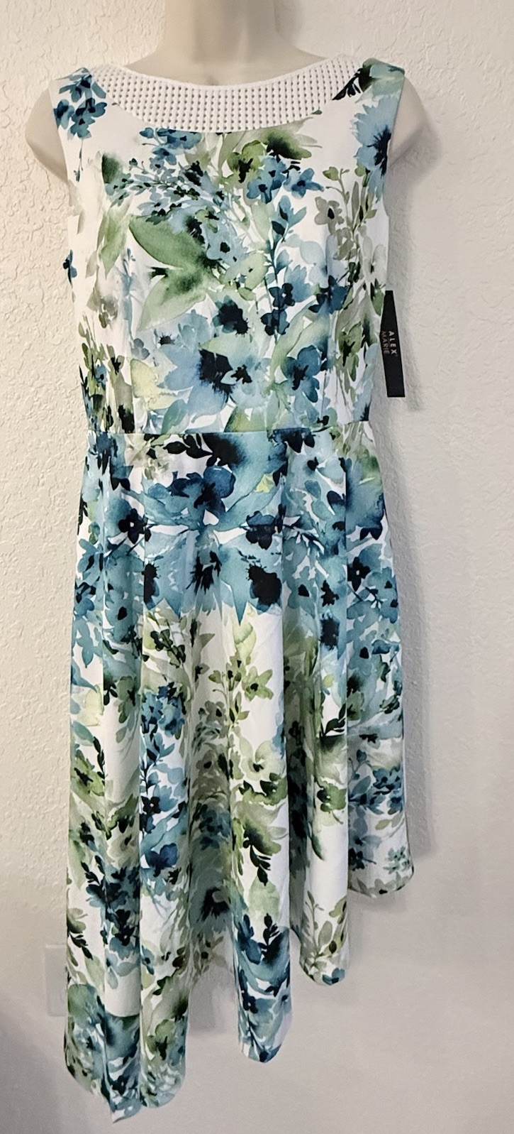Alex Marie Kent Dress Size 4 Floral Asymmetrical Flare White Blue Green NWT