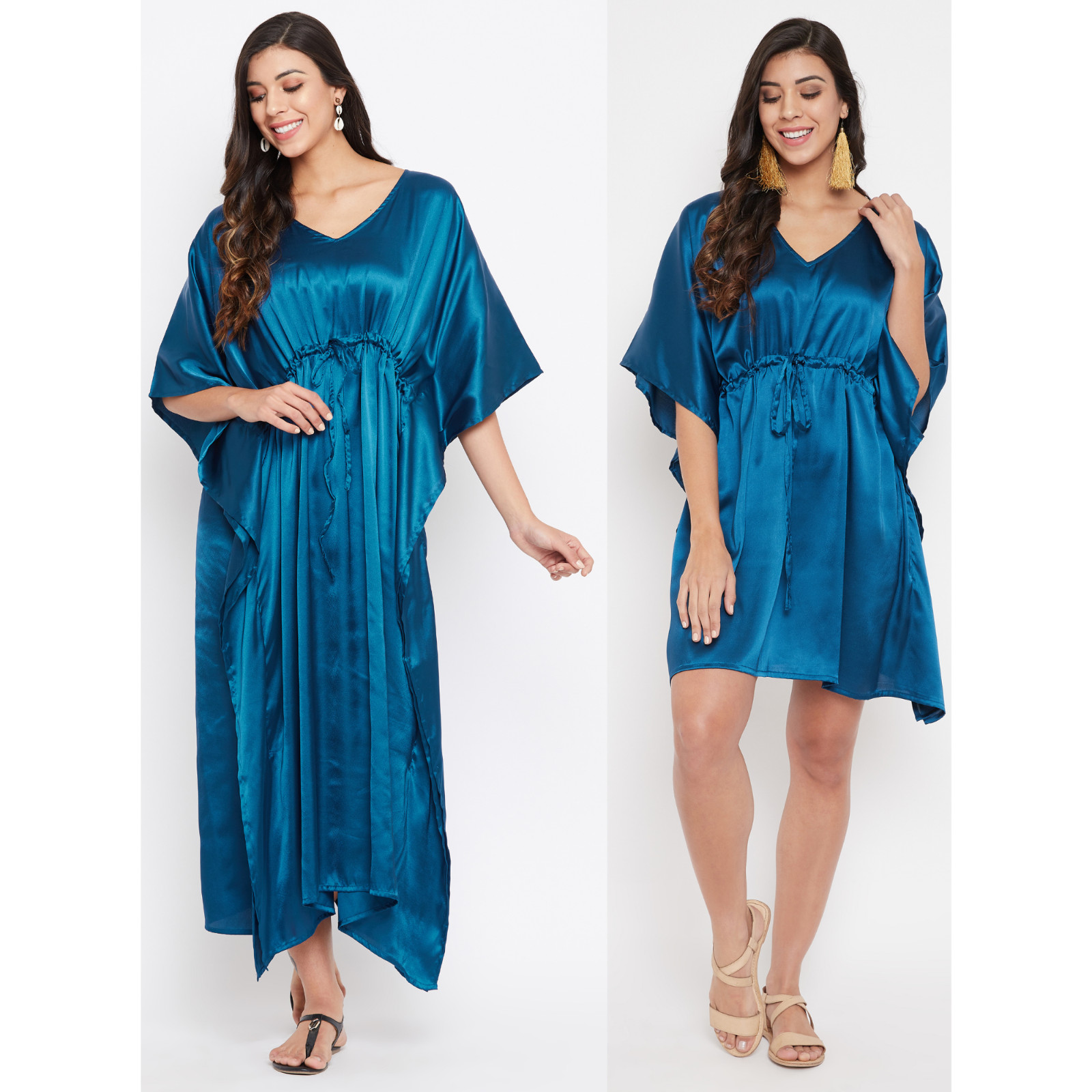 Women Corsair Blue Kaftan Tunic Satin Dress Set Ladies Plus Size Casual Dresses