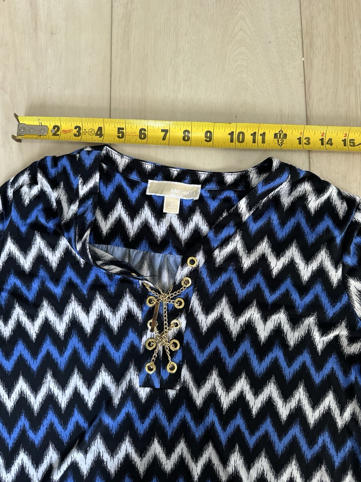 Michael Kors Chevron Lace Up Shift Dress Blue Black White Chain Accent V-Neck S
