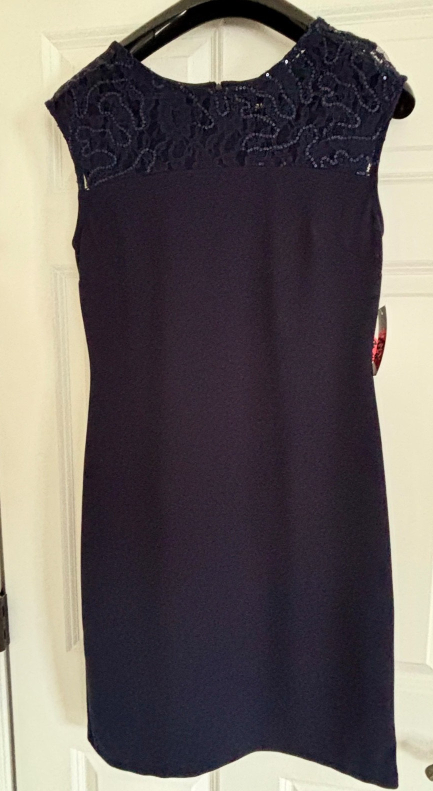 SLNY sleeveless navy sheath cocktail dress with lace sequined neck, sz 8, NWT