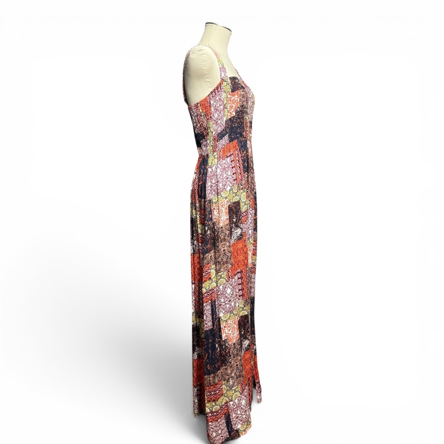 Promesa Patchwork Stretch Maxi Sundress Boho Blue Orange Yellow Floral Large