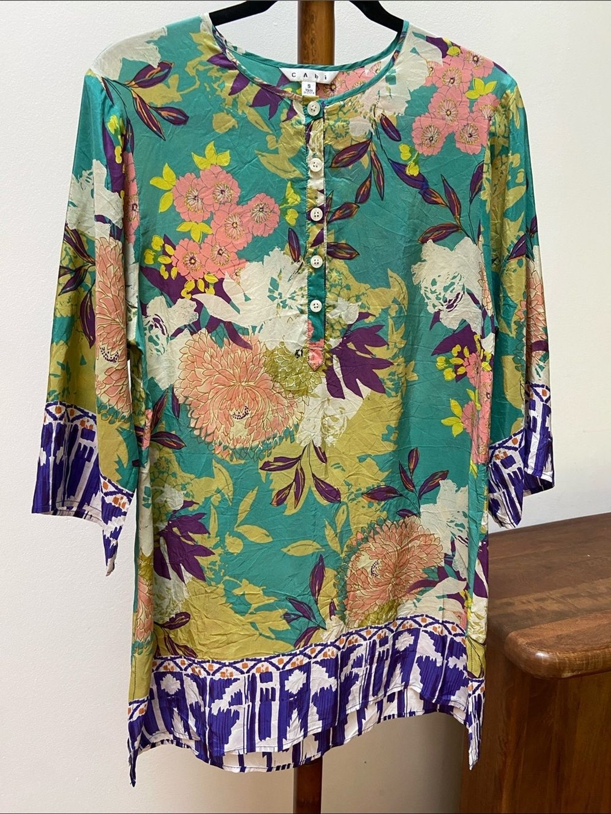 CAbi 100% Linen Teal Floral Long Sleeve Tunic with Pink & Purple Accents
