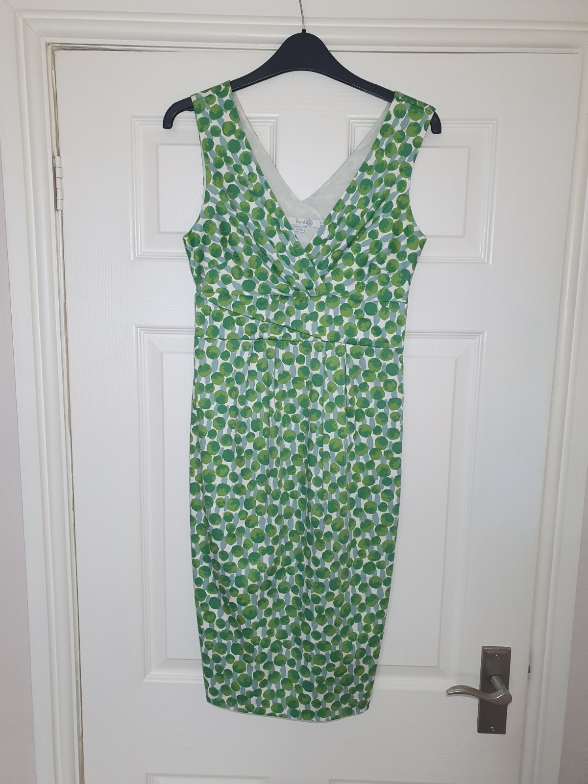 Boden Green Polka Dot Dress V Neck Fitted UK Size 6 Lined Cotton Sleeveless