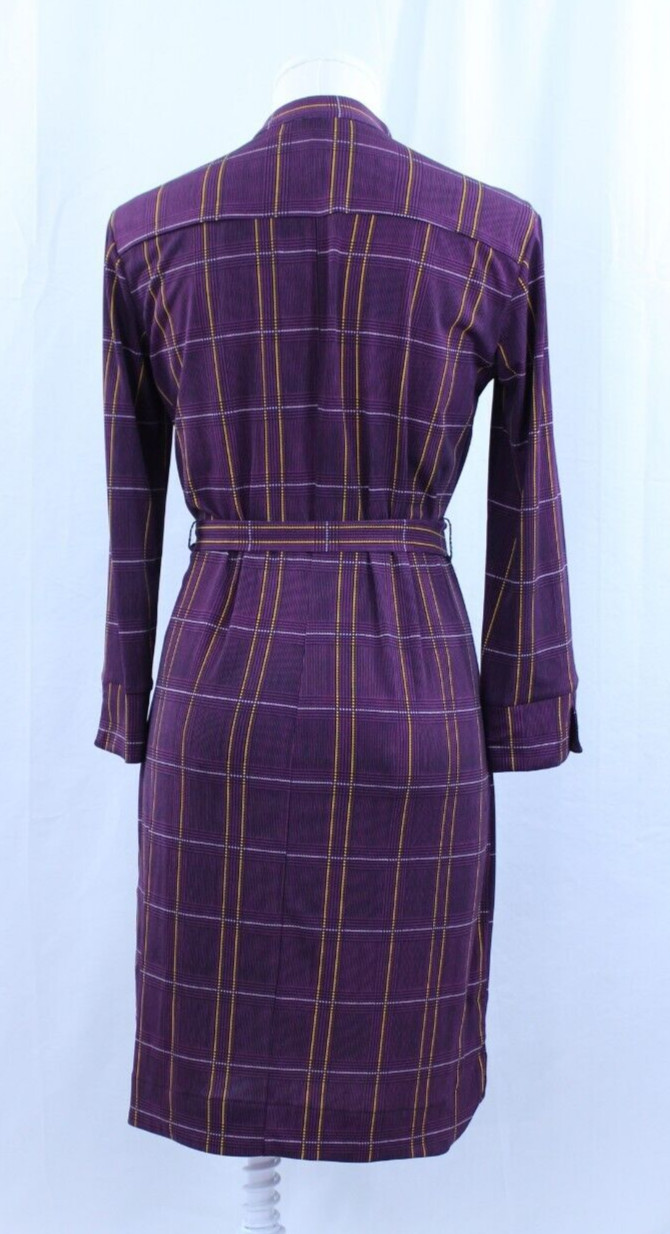 Donna Morgan Dress Purple Yellow Plaid Chest Pockets Waist Tie Buttons Sz 4